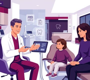 رسم توضيحي يظهر طبيب اسنان اطفال في تركيا يشرح خطوات العلاج لطفل ووالده في عيادة حديثة 