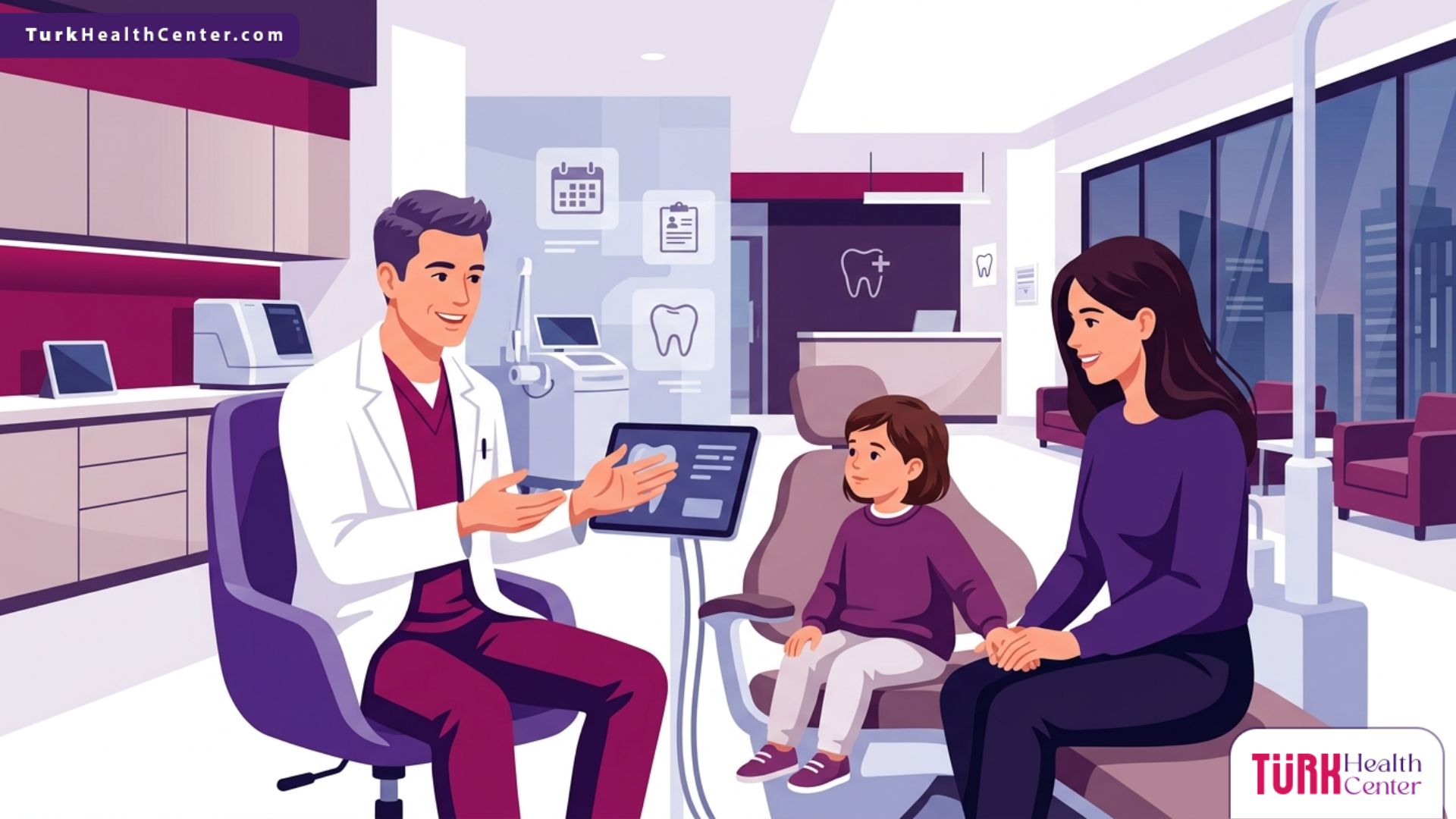 رسم توضيحي يظهر طبيب اسنان اطفال في تركيا يشرح خطوات العلاج لطفل ووالده في عيادة حديثة 