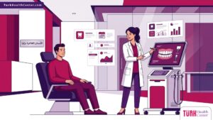رسم توضيحي راقي لطبيب يشرح تفاصيل تصميم وتركيب طقم اسنان في تركيا لمريض داخل عيادة فخمة 
