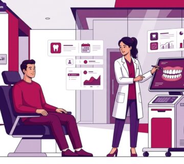 رسم توضيحي راقي لطبيب يشرح تفاصيل تصميم وتركيب طقم اسنان في تركيا لمريض داخل عيادة فخمة 