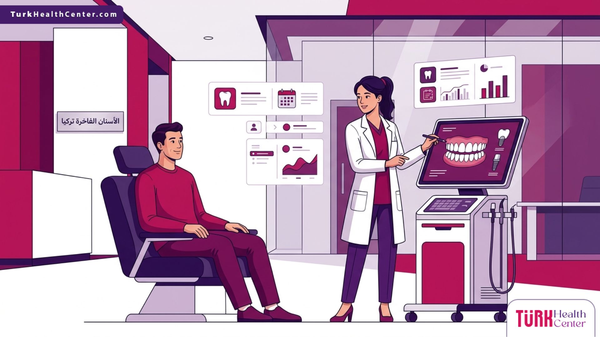 رسم توضيحي راقي لطبيب يشرح تفاصيل تصميم وتركيب طقم اسنان في تركيا لمريض داخل عيادة فخمة 