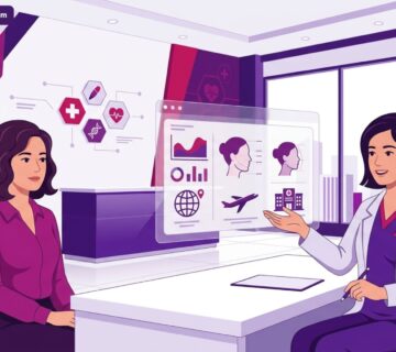 رسم توضيحي يظهر طبيب يشرح تفاصيل عروض عمليات التجميل في تركيا للمريض