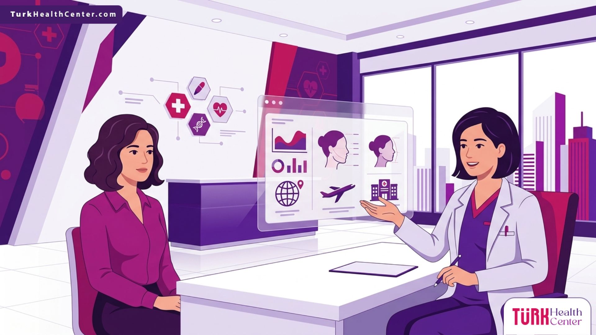 رسم توضيحي يظهر طبيب يشرح تفاصيل عروض عمليات التجميل في تركيا للمريض