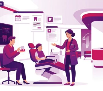 رسم توضيحي لعيادة طبية حديثة لطبيب يشرح خطوات علاج اسنان الاطفال في تركيا لابتسامة صحية 