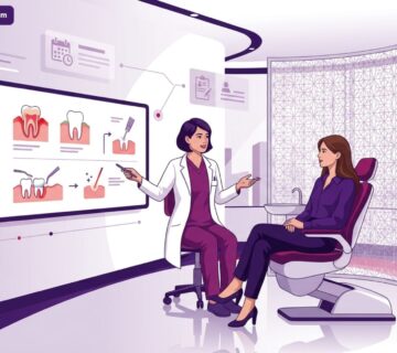 رسم توضيحي لعيادة أسنان حديثة وطبيب يشرح خطوات علاج التهاب اللثة في تركيا للمريض