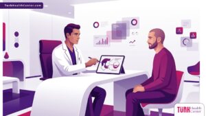 رسم توضيحي يوضح استشارة طبية متخصصة حول عملية زراعة شعر الوجه في عيادة حديثة 