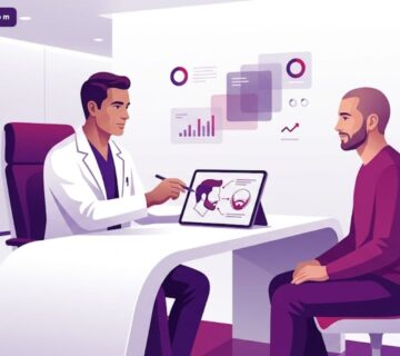 رسم توضيحي يوضح استشارة طبية متخصصة حول عملية زراعة شعر الوجه في عيادة حديثة 