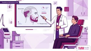 رسوم توضيحية لعيادة طبية حديثة يشرح فيها الطبيب خطوات زرع شعر الذقن للمريض 