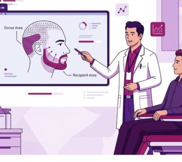 رسوم توضيحية لعيادة طبية حديثة يشرح فيها الطبيب خطوات زرع شعر الذقن للمريض 