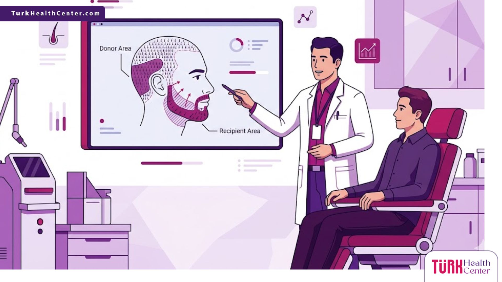 رسوم توضيحية لعيادة طبية حديثة يشرح فيها الطبيب خطوات زرع شعر الذقن للمريض 