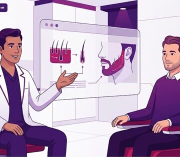 رسم توضيحي يظهر طبيب يشرح خطوات زرع شعر اللحية لمريض داخل عيادة حديثة وفخمة 