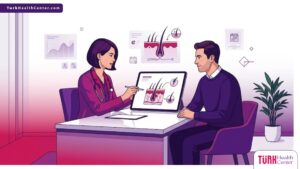 رسوم توضيحية فاخرة تظهر طبيباً يشرح خطوات زرع شعر في تركيا للمريض داخل عيادة عصرية 