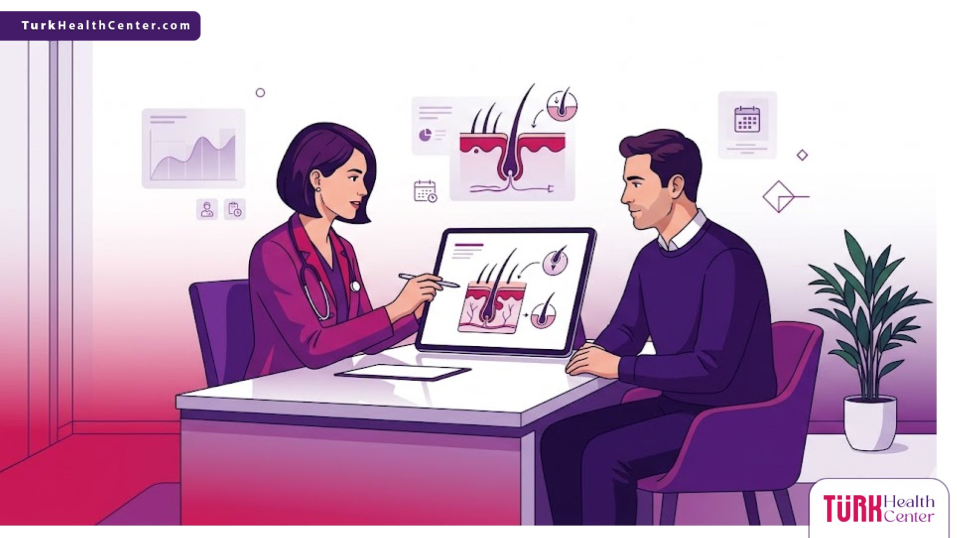 رسوم توضيحية فاخرة تظهر طبيباً يشرح خطوات زرع شعر في تركيا للمريض داخل عيادة عصرية 
