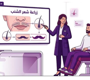رسوم توضيحية لعيادة طبية حديثة تشرح خطوات زراعة شعر الشنب بأسلوب فيكتور راقي 