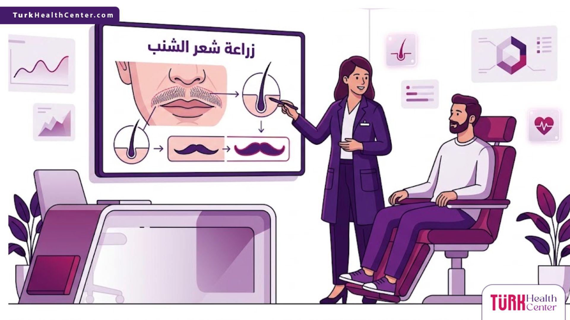 رسوم توضيحية لعيادة طبية حديثة تشرح خطوات زراعة شعر الشنب بأسلوب فيكتور راقي 