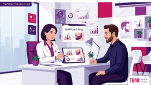 رسم توضيحي عصري لعيادة طبية يشرح فيها الطبيب تفاصيل عملية زراعة شعر اللحية لمريض في بيئة فاخرة 
