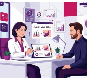 رسم توضيحي عصري لعيادة طبية يشرح فيها الطبيب تفاصيل عملية زراعة شعر اللحية لمريض في بيئة فاخرة 