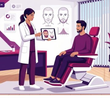 رسم توضيحي يظهر استشارة طبية احترافية حول عملية زراعة شعر دقن داخل عيادة فاخرة بألوان البنفسجي والمجنتيا 