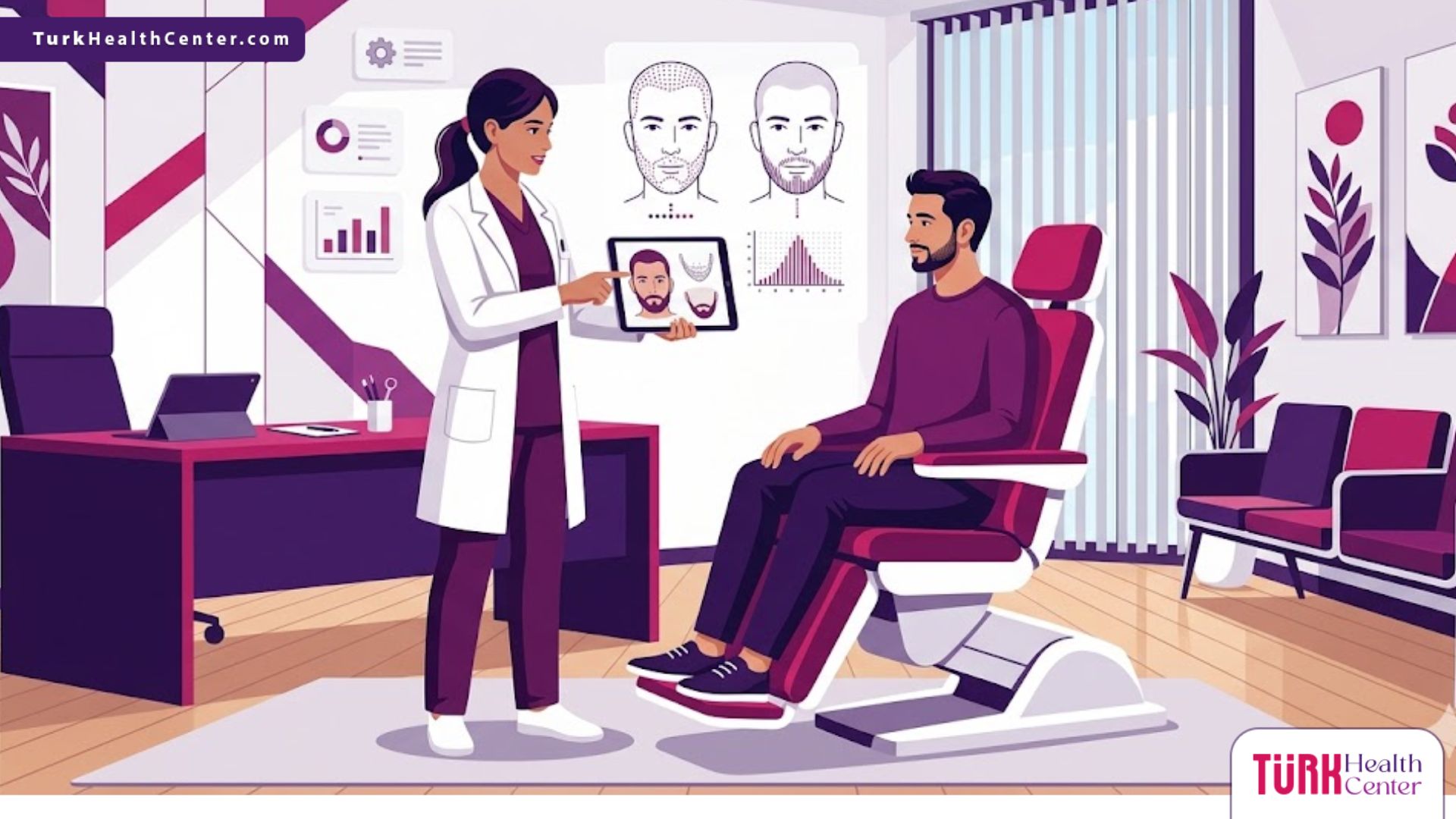 رسم توضيحي يظهر استشارة طبية احترافية حول عملية زراعة شعر دقن داخل عيادة فاخرة بألوان البنفسجي والمجنتيا 