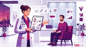 رسوم توضيحية لعيادة حديثة تشرح خطوات زراعة شعر اللحية في تركيا للمريض بأسلوب عصري 