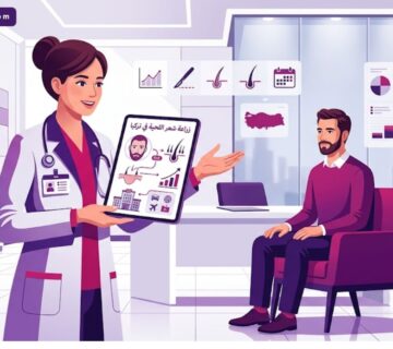 رسوم توضيحية لعيادة حديثة تشرح خطوات زراعة شعر اللحية في تركيا للمريض بأسلوب عصري 