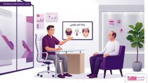 رسوم توضيحية فاخرة لطبيب يشرح خطوات عملية زراعة شعر طبيعي لمريض في عيادة حديثة 