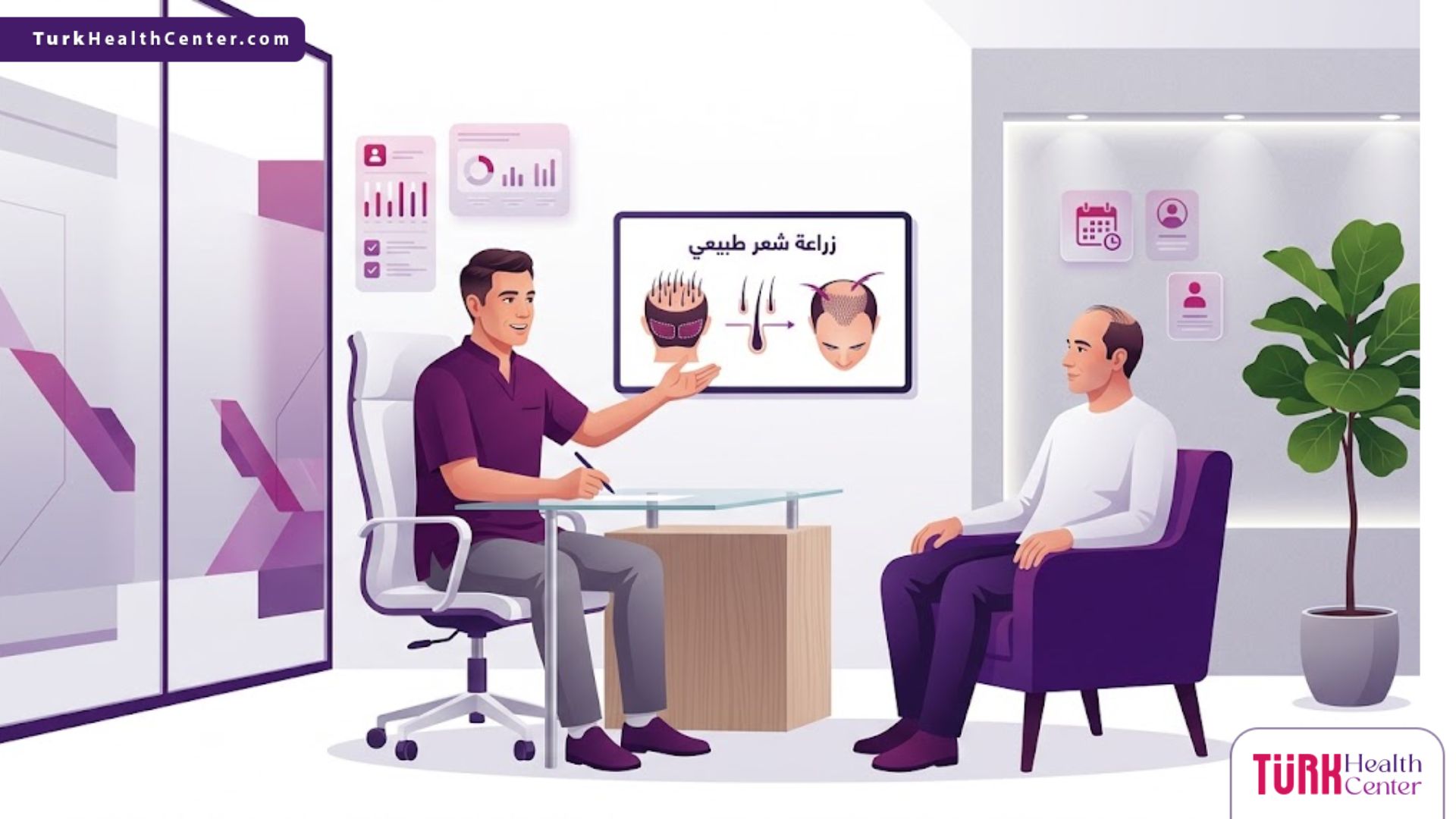 رسوم توضيحية فاخرة لطبيب يشرح خطوات عملية زراعة شعر طبيعي لمريض في عيادة حديثة 