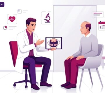 رسوم توضيحية فنية لعيادة طبية حديثة تشرح خطوات زراعة شعر في تركيا بألوان فاخرة 