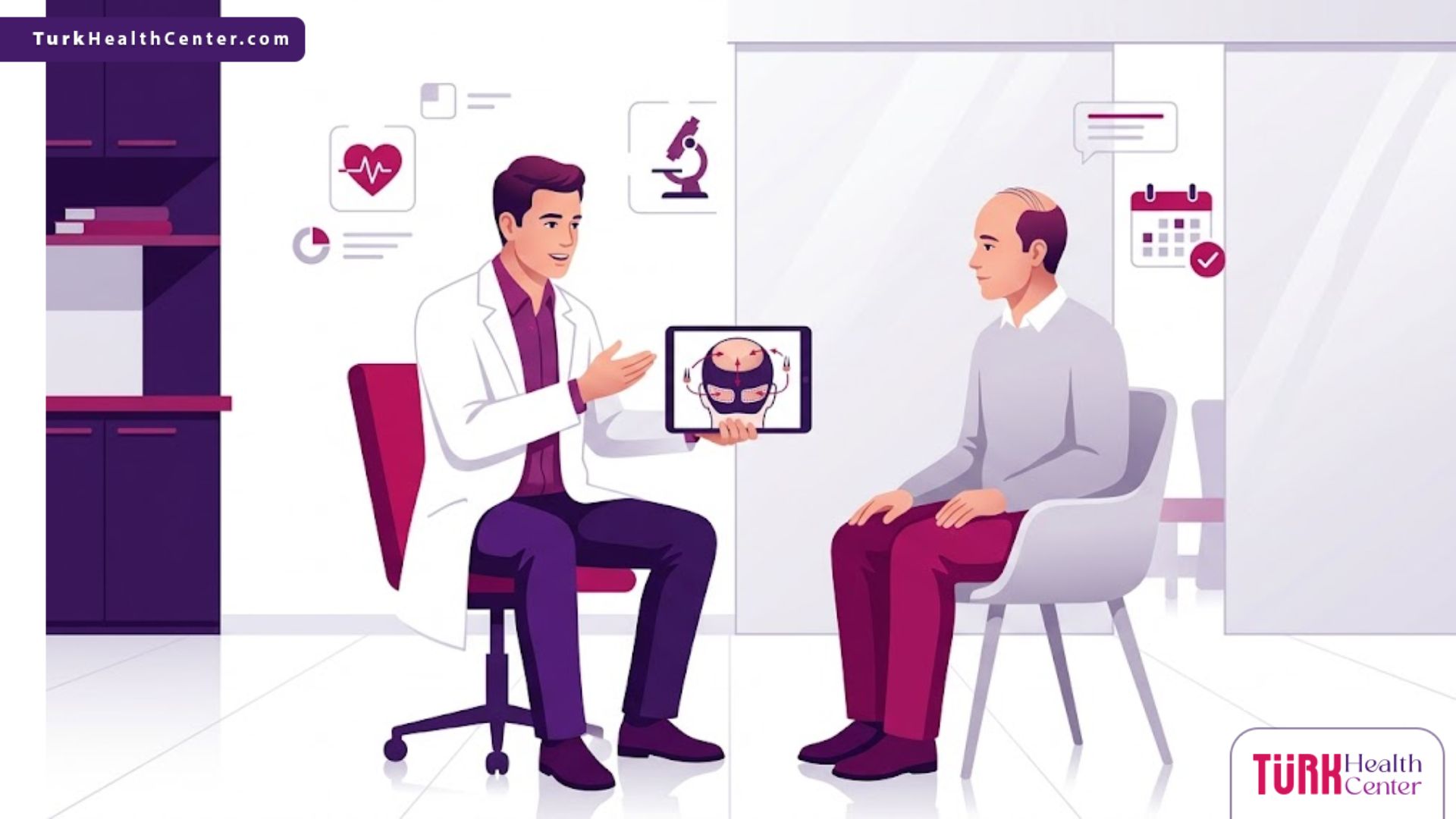 رسوم توضيحية فنية لعيادة طبية حديثة تشرح خطوات زراعة شعر في تركيا بألوان فاخرة 
