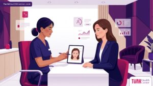 رسم توضيحي عصري يظهر طبيباً يشرح عملية زراعة مقدمة الراس للنساء في عيادة فاخرة بألوان أرجوانية 