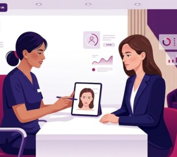 رسم توضيحي عصري يظهر طبيباً يشرح عملية زراعة مقدمة الراس للنساء في عيادة فاخرة بألوان أرجوانية 