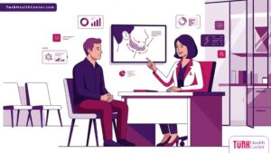 رسم توضيحي يظهر طبيب يشرح خطوات عملية زراعه الذقن لمريض داخل عيادة فاخرة بألوان البنفسجي والمجنتنا 