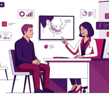 رسم توضيحي يظهر طبيب يشرح خطوات عملية زراعه الذقن لمريض داخل عيادة فاخرة بألوان البنفسجي والمجنتنا 