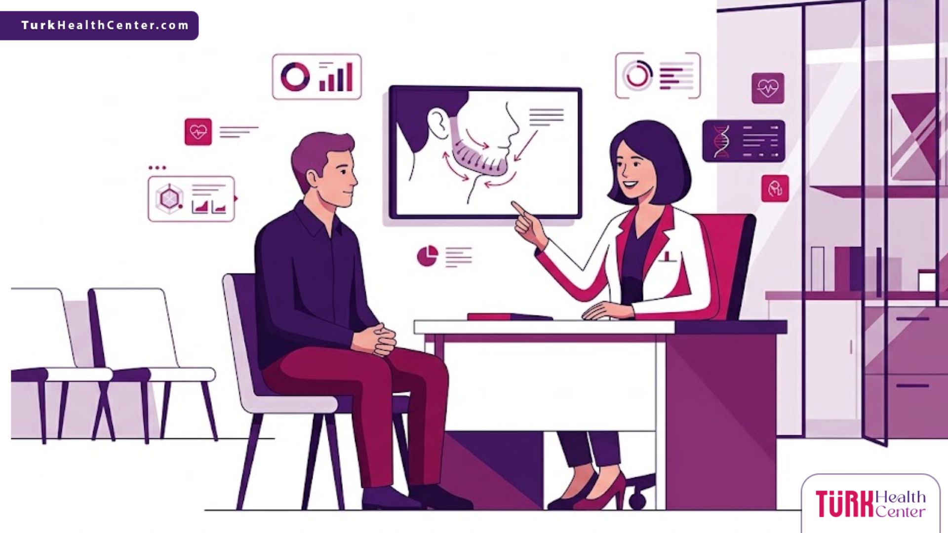 رسم توضيحي يظهر طبيب يشرح خطوات عملية زراعه الذقن لمريض داخل عيادة فاخرة بألوان البنفسجي والمجنتنا 