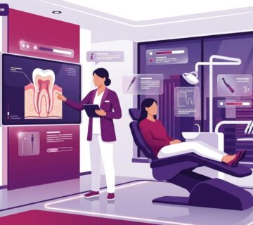 رسم توضيحي لطبيب يشرح خطوات علاج العصب في تركيا لمريض داخل عيادة أسنان حديثة 