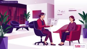 طبيب متخصص يشرح خطوات علاج الوذمة اللمفاوية جراحياً للمريض في عيادة طبية حديثة ومجهزة 
