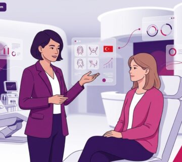 رسم توضيحي لعيادة طبية حديثة يشرح فيها الطبيب للمريض خطوات علاج ترهلات الوجه في تركيا