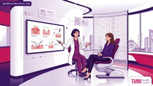 رسم توضيحي لعيادة طب أسنان فاخرة تشرح خطوات علاج نزيف اللثة في تركيا للمرضى 