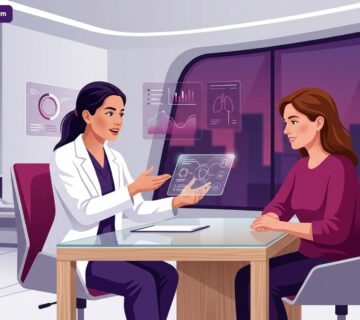 تصميم متجهي يوضح طبيب تجميل يشرح للمريض علامات نجاح جراحة التجميل في عيادة طبية فاخرة 