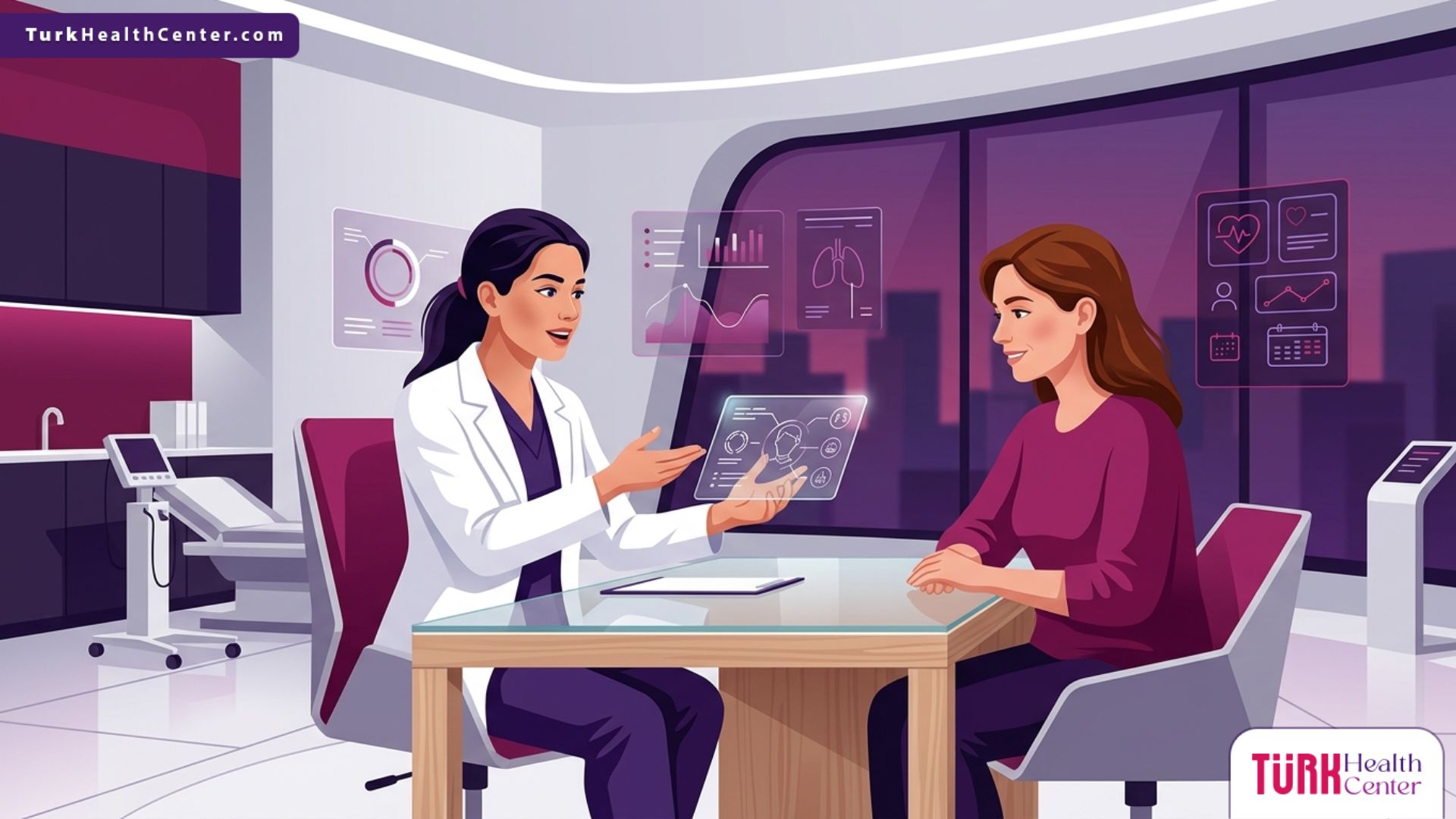 تصميم متجهي يوضح طبيب تجميل يشرح للمريض علامات نجاح جراحة التجميل في عيادة طبية فاخرة 