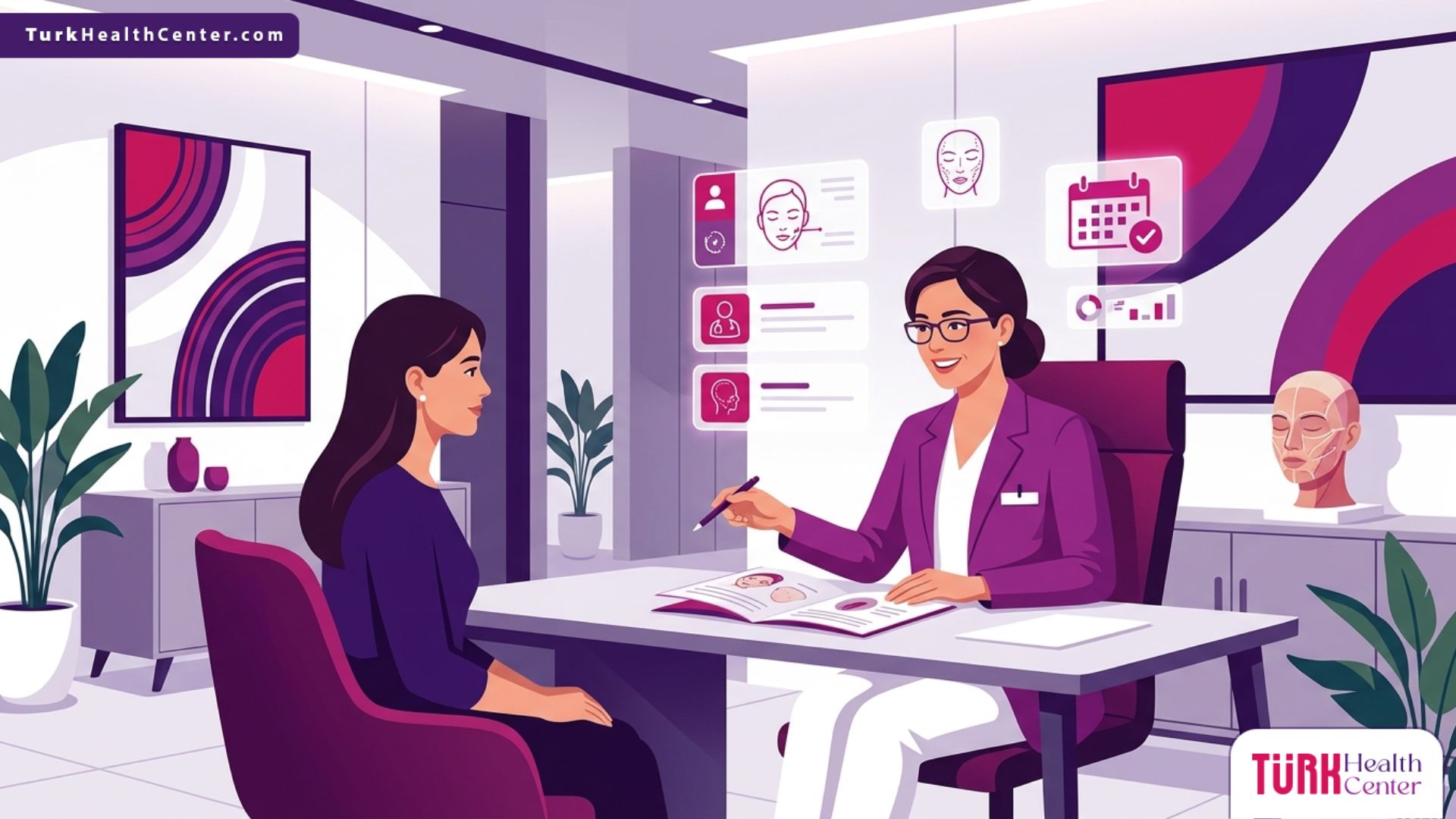 طبيب متخصص يشرح تفاصيل عمليات التجميل للوجه في تركيا داخل عيادة طبية حديثة ومجهزة 