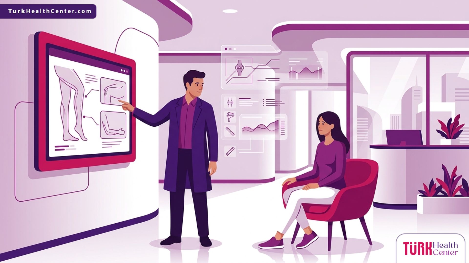 طبيب متخصص يشرح تفاصيل عمليات تجميل الأطراف لمريض داخل عيادة طبية حديثة 