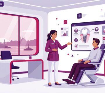 رسم توضيحي متطور لعيادة طبية فاخرة يظهر فيها طبيب اسنان في تركيا يشرح إجراءات العلاج لمريض براحة تامة 