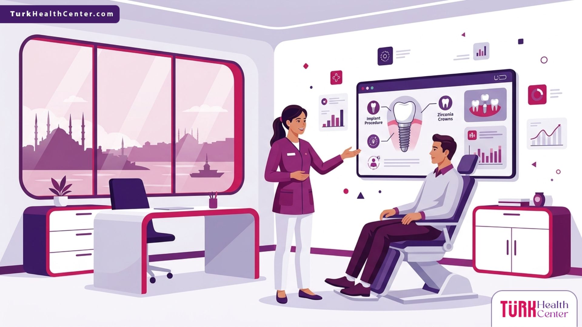 رسم توضيحي متطور لعيادة طبية فاخرة يظهر فيها طبيب اسنان في تركيا يشرح إجراءات العلاج لمريض براحة تامة 