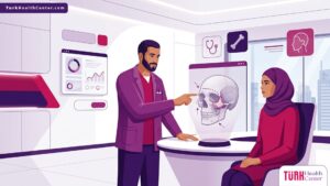 رسم توضيحي لعيادة طبية حديثة يشرح فيها الطبيب إجراءات ترميم كسور عظام الوجه الجمالية للمريض 