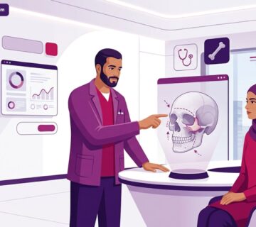 رسم توضيحي لعيادة طبية حديثة يشرح فيها الطبيب إجراءات ترميم كسور عظام الوجه الجمالية للمريض 