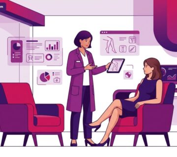 رسم توضيحي طبي فاخر يظهر طبيباً يشرح تفاصيل عمليات تجميل الساقين لمريضة في عيادة حديثة 