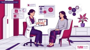 رسم توضيحي راقٍ لطبيب في عيادة حديثة يشرح خطوات عمليات تجميل الفتحات الجراحية القديمة للمريض