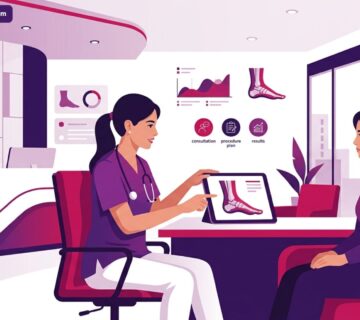 رسم توضيحي عصري لعيادة طبية فاخرة يظهر طبيباً يشرح تفاصيل عمليات تجميل القدم للمريض بألوان متناسقة 