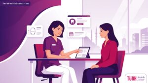 رسم توضيحي متطور لطبيب يشرح تفاصيل العلاج لمريض داخل أفضل عيادة اسنان في تركيا 